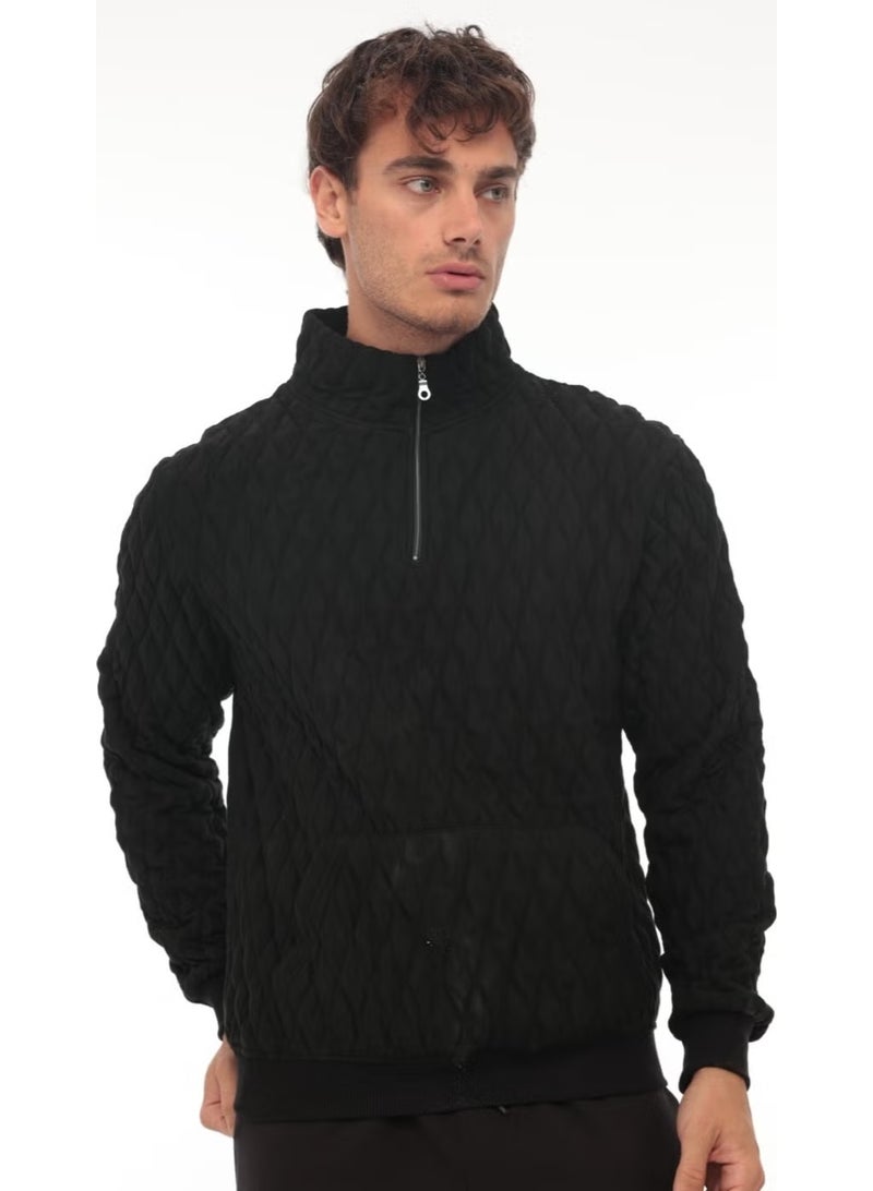 Miron Black Quilted Detailed Half Zipper Regular Fit Sweatshirt - 2326 - Image 2